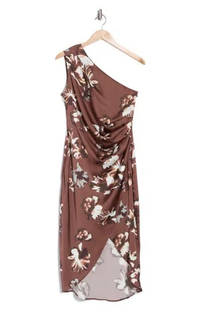 Melloday Floral One-shoulder Midi Dress In Brown Floral