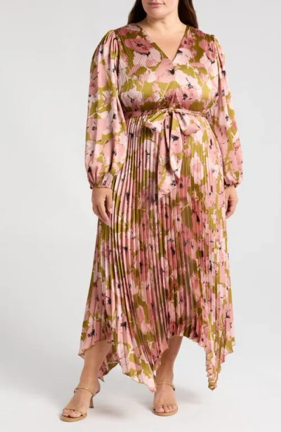 Melloday Floral Pleated Long Sleeve Satin Maxi Dress In Olive/blush Floral