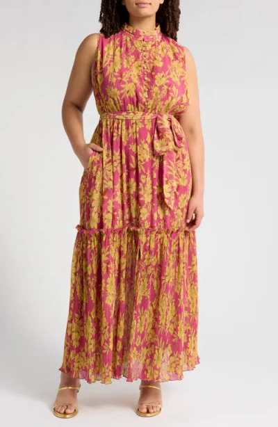 Melloday Floral Plissé Maxi Dress In Magenta Gold Print