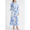 Melloday Floral Print Belted Long Sleeve Maxi Shirtdress In Blue