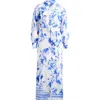Melloday Floral Print Belted Long Sleeve Maxi Shirtdress In White/blue Print