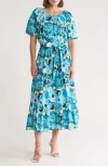 Melloday Floral Print Poplin Midi Dress In Blue Multi