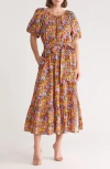 Melloday Floral Print Poplin Midi Dress In Yellow Blue Multi