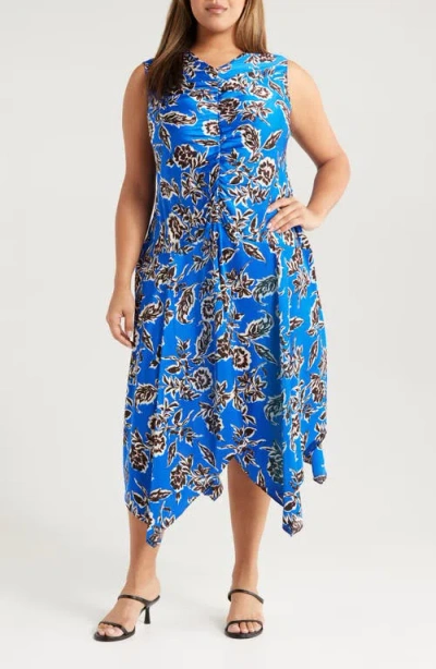 Melloday Floral Print Ruched Handkerchief Hem Dress In Blue Brown Multi Floral
