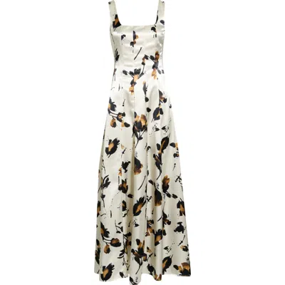 Melloday Floral Print Satin Maxi Dress In White