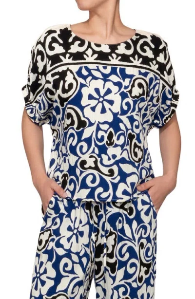 Melloday Floral Print Short Sleeve Top In Blue