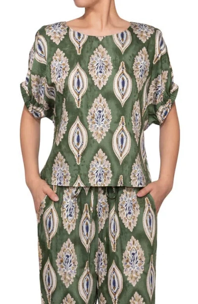 Melloday Floral Print Short Sleeve Top In Green