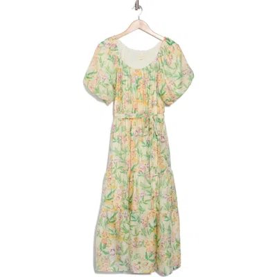 Melloday Floral Puff Sleeve Tiered Dress In Ivory Multi
