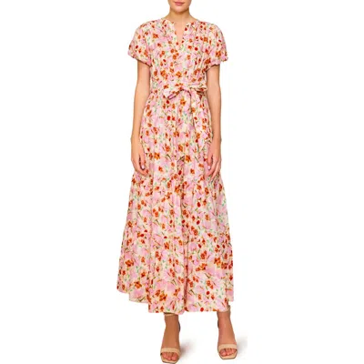 Melloday Floral Puff Sleeve Tiered Maxi Dress In Pink Multi