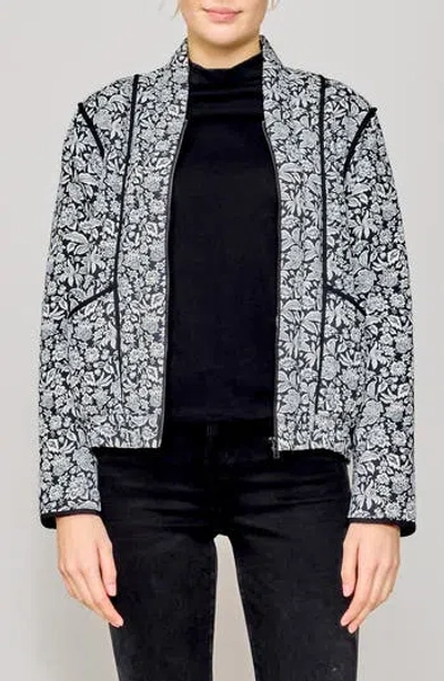 Melloday Floral Quilted Bomber Jacket In Black/white Floral