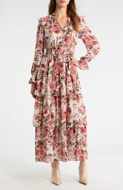 Melloday Floral Ruffle Tie Belt Long Sleeve Maxi Dress In Multi