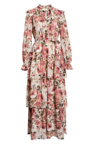 Melloday Floral Ruffle Tie Belt Long Sleeve Maxi Dress In Pink