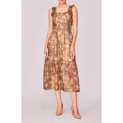 Melloday Floral Ruffle Tiered Midi Dress In Brown