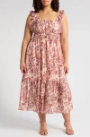 Melloday Floral Ruffle Tiered Midi Dress In Mauve Blush