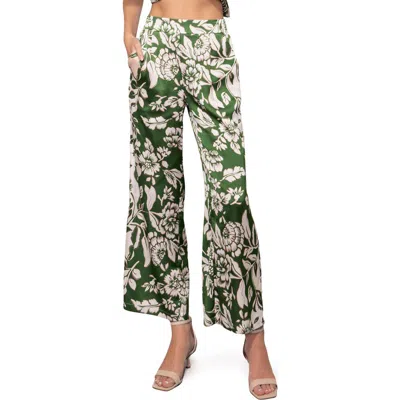 Melloday Floral Satin Pants In Green