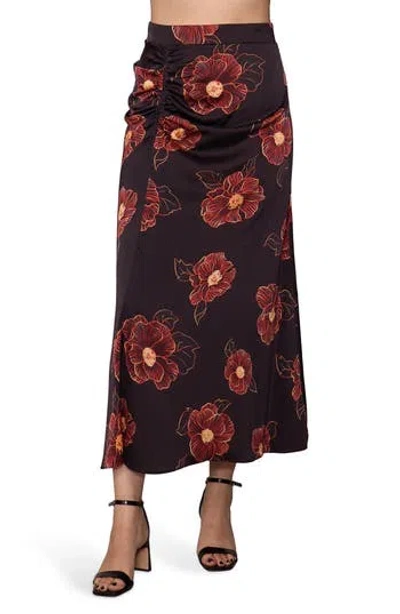Melloday Floral Satin Ruched Midi Skirt In Black