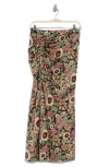Melloday Floral Satin Ruched Midi Skirt In Black Multi