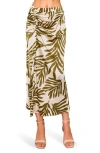 Melloday Floral Satin Ruched Midi Skirt In Olive Cream Leaf
