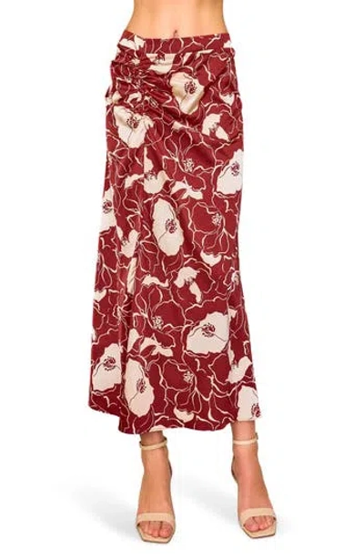 Melloday Floral Satin Ruched Midi Skirt In Rust Stone Floral