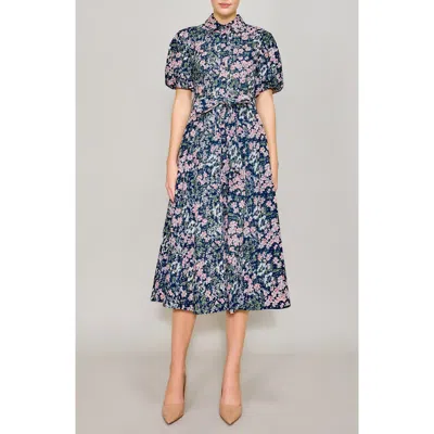 Melloday Floral Short Sleeve Midi Shirtdress In Navy Multi