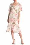 Melloday Floral Short Sleeve Ruffle Wrap High Low Dress In Pink, Ivory In Multi