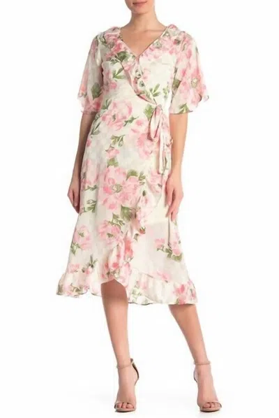 Melloday Floral Short Sleeve Ruffle Wrap High Low Dress In Pink, Ivory In Multi