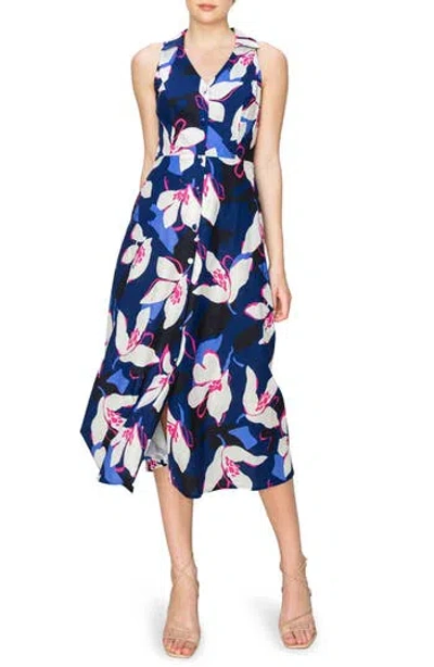 Melloday Floral Sleeveless Midi Shirtdress In Navy Print