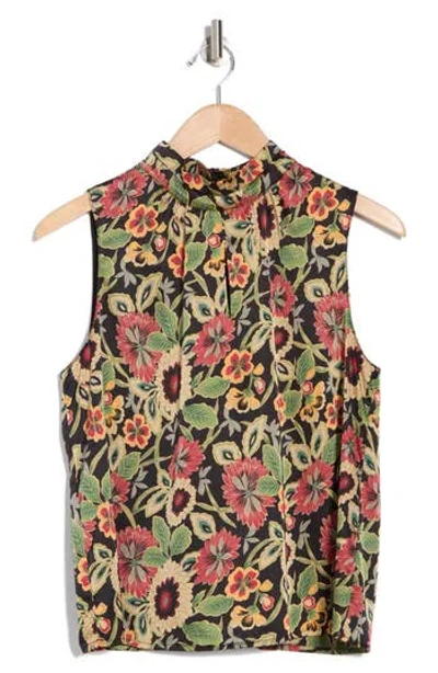 Melloday Floral Sleeveless Satin Top In Black Multi