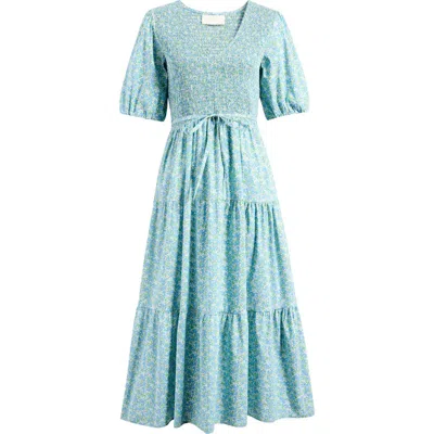 Melloday Floral Smocked Puff Sleeve Tiered Maxi Dress In Blue Green Ditsy