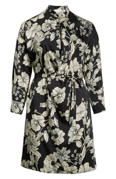 Melloday Floral Tie Belt Long Sleeve Dress In Black