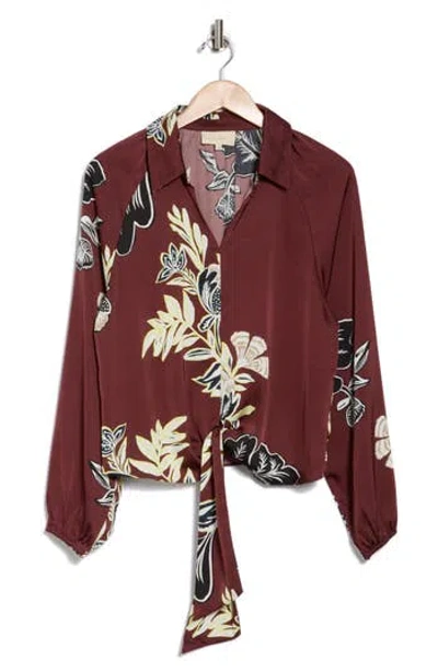 Melloday Floral Tie Front Top In Brown/teal/green Leaf Print