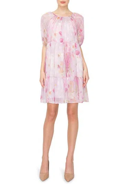 Melloday Floral Tiered Chiffon Shift Dress In Lavender Print