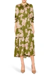 Melloday Floral Tiered Satin Midi Dress In Olive Beige Multi Floral