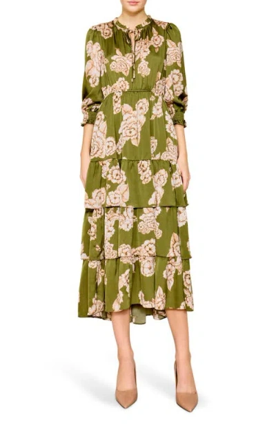 Melloday Floral Tiered Satin Midi Dress In Olive Beige Multi Floral