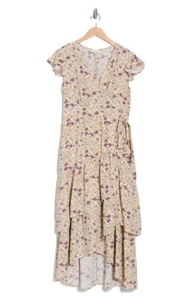 Melloday Floral Wrap Dress In Ivory Purple Midi