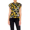 Melloday Flutter Sleeve Chiffon Top In Black/blue Floral