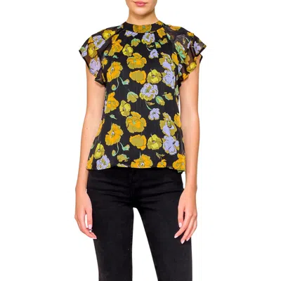 Melloday Flutter Sleeve Chiffon Top In Black/blue Floral