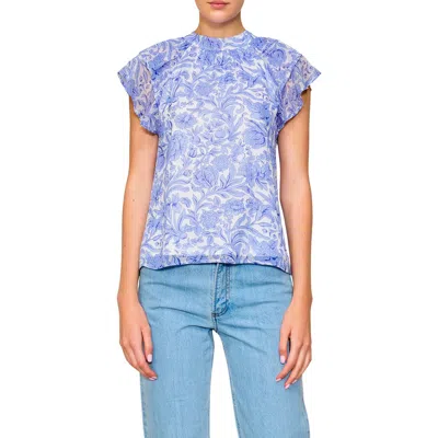 Melloday Flutter Sleeve Chiffon Top In Ivory/blue Toile