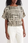 Melloday Geometric Print Boxy Top In Sage Ivory