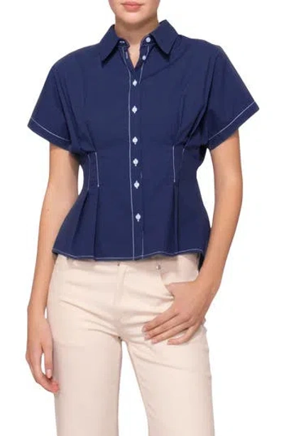 Melloday Godet Short Sleeve Button-up Shirt In Blue