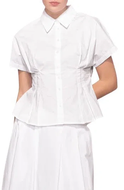 Melloday Godet Short Sleeve Button-up Shirt In White