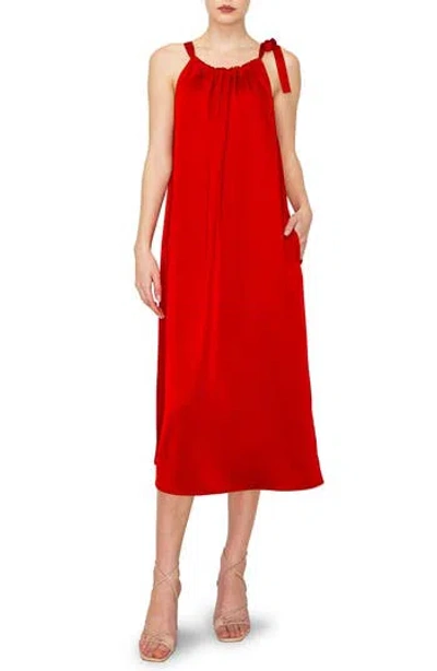 Melloday Halter Neck Satin Midi Dress In Red