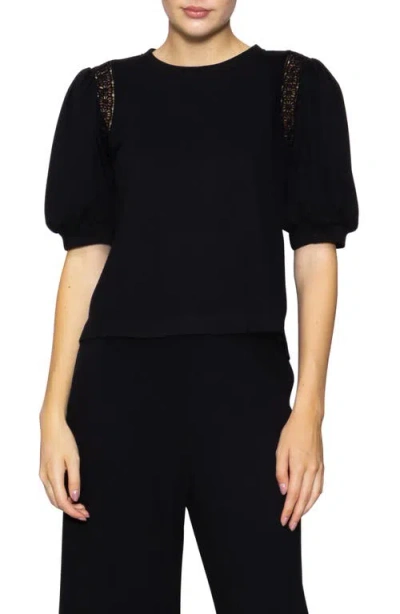 Melloday Lace Inset Puff Sleeve Top In Black