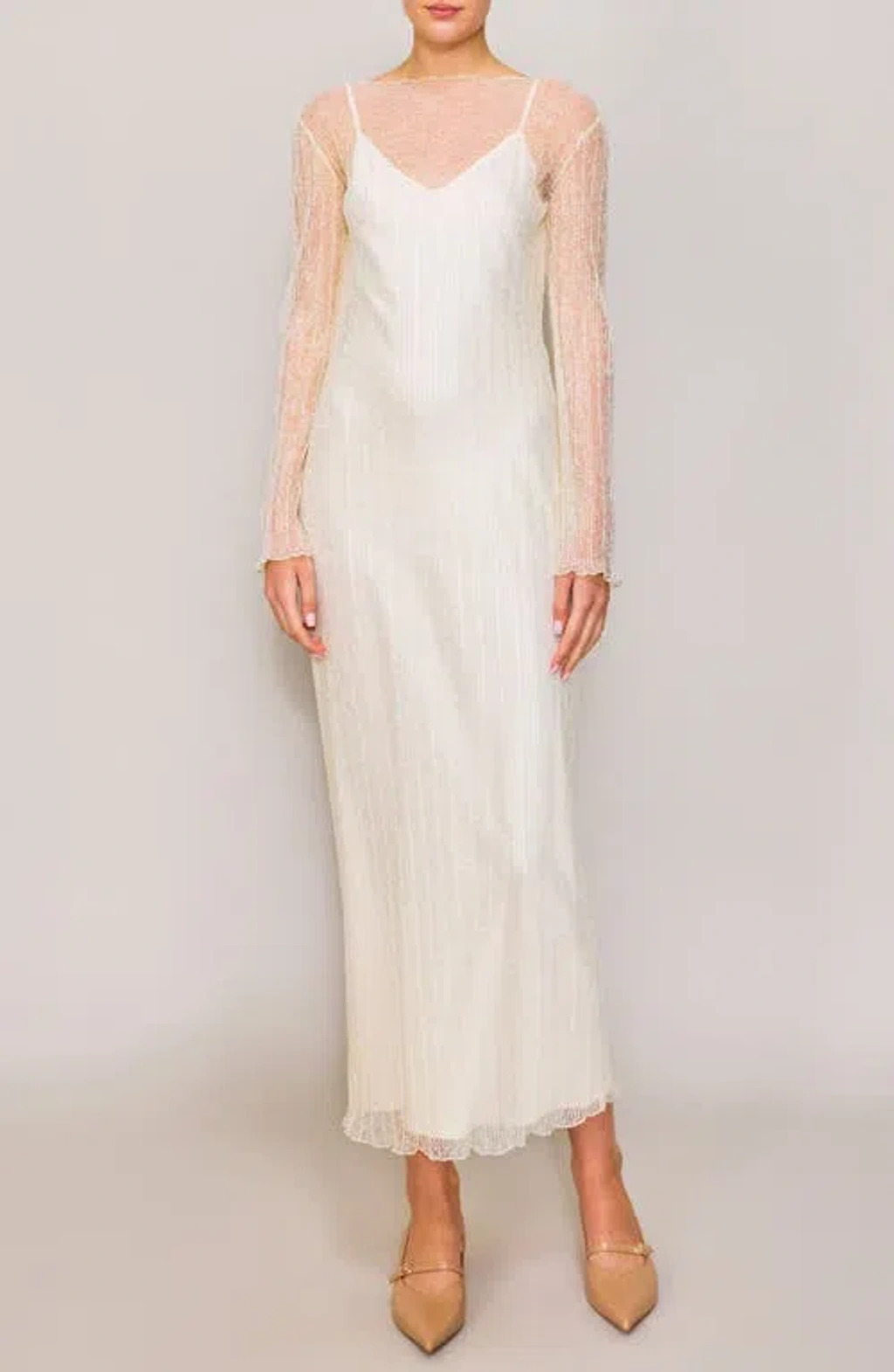Melloday Lace Overlay Long Sleeve Maxi Cocktail Dress In Ivory | ModeSens