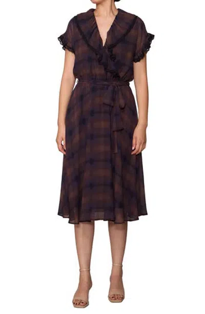 Melloday Lace Trim Plaid Midi Dress In Brown