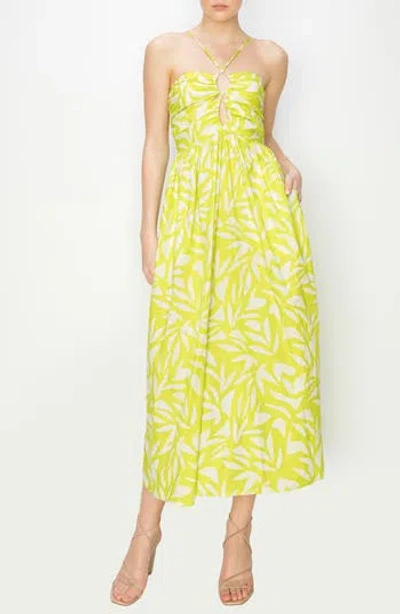 Melloday Leaf Print Halter Strap Dress In Lime/ivory Print