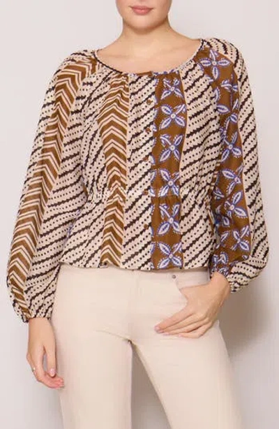 Melloday Long Sleeve Button Front Peplum Top In Multi