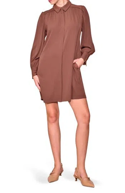 Melloday Long Sleeve Crepe Shirtdress In Brown