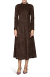 Melloday Long Sleeve Faux Suede A-line Dress In Brown