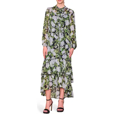 Melloday Long Sleeve Ruffle Chiffon Dress In Multi